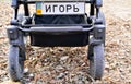 Baby carriage (stroller) with license plate with baby's name on the soil background